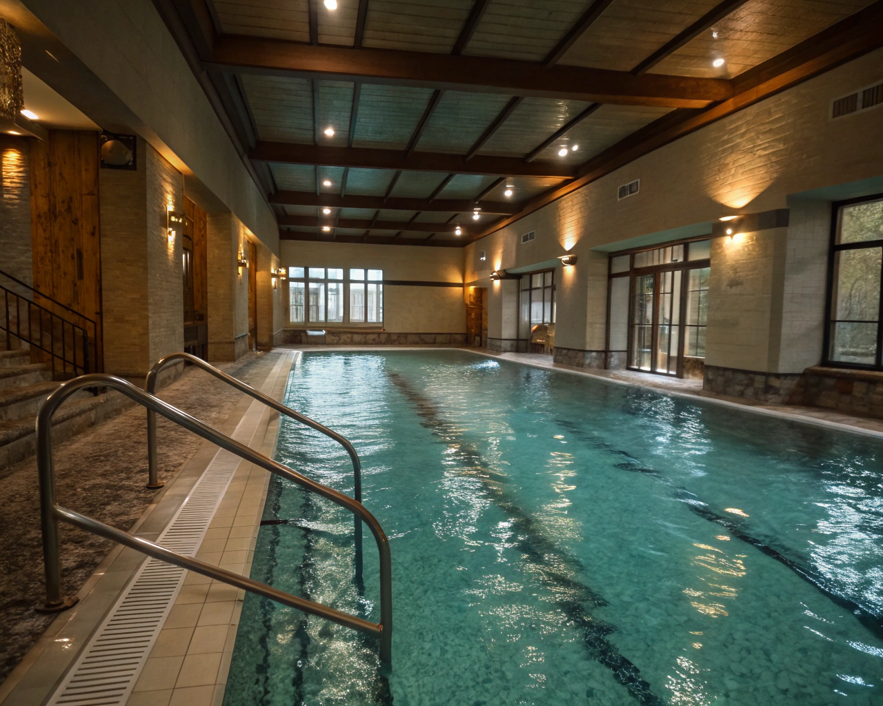 Piscina interior tranquila y clara, diseñada para hidroterapia, con barandillas suaves y luz ambiental cálida reflejada en el agua. Composición que sugiere calma y curación, sin personas en la imagen.