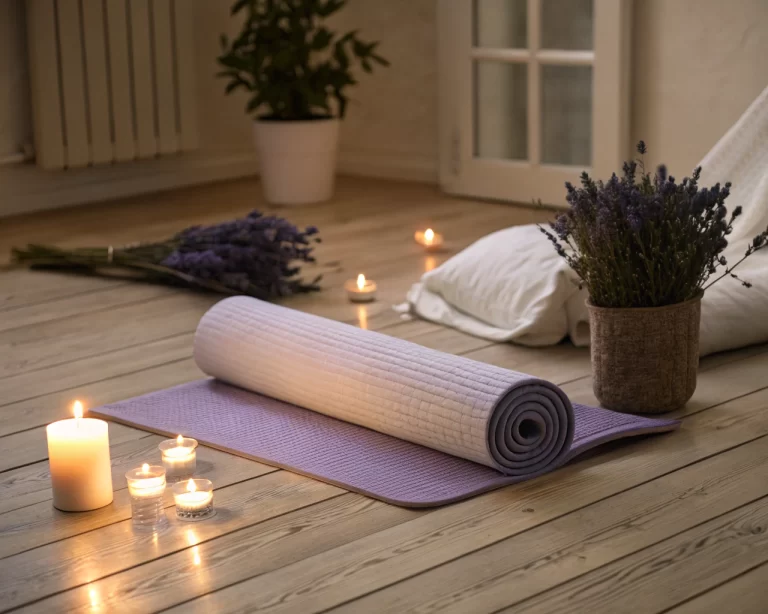 Un tapete de yoga iluminado tenuemente en un suelo de madera, rodeado de velas y una planta de lavanda, con una manta enrollada y un cojín, sugiriendo un espacio tranquilo para la práctica nocturna de yoga.
