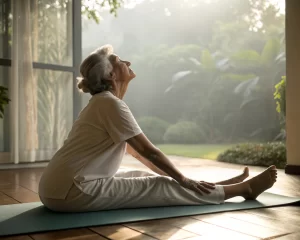 Persona mayor practicando yoga sentado en una colchoneta, con expresión tranquila en un ambiente iluminado por la luz natural donde se ve un jardín desenfocado.