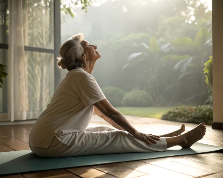 Persona mayor practicando yoga sentado en una colchoneta, con expresión tranquila en un ambiente iluminado por la luz natural donde se ve un jardín desenfocado.