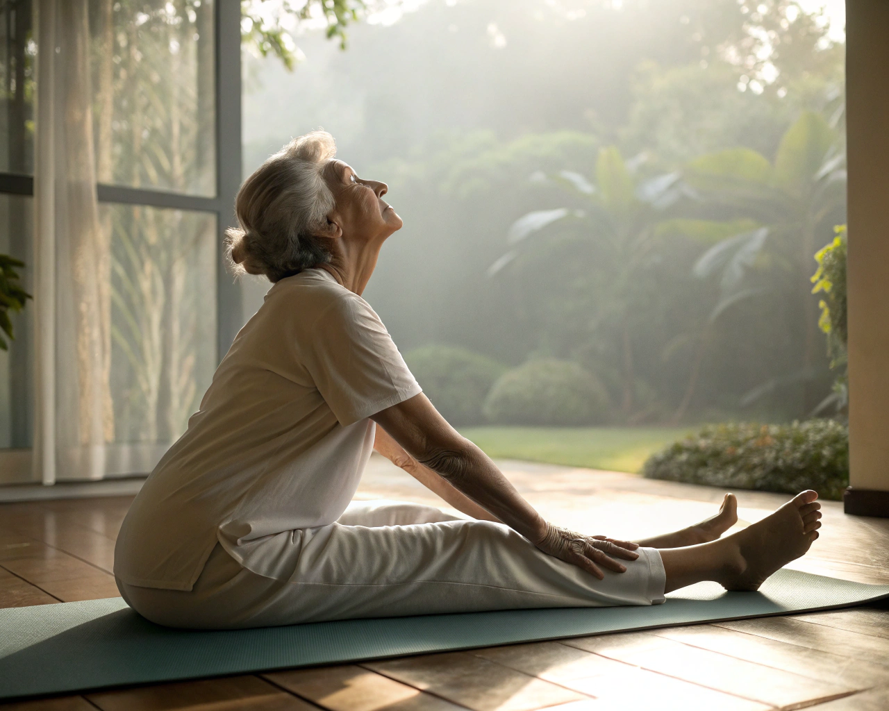 Persona mayor practicando yoga sentado en una colchoneta, con expresión tranquila en un ambiente iluminado por la luz natural donde se ve un jardín desenfocado.