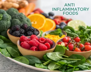 Compilación colorida de frutas y verduras antiinflamatorias, incluyendo bayas, cítricos, espinacas y brócoli, con luz natural que resalta su frescura y textura.