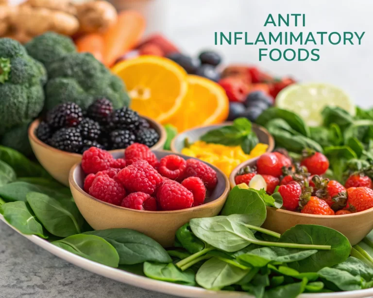 Compilación colorida de frutas y verduras antiinflamatorias, incluyendo bayas, cítricos, espinacas y brócoli, con luz natural que resalta su frescura y textura.