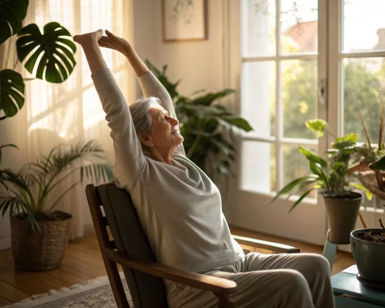 Persona mayor realizando estiramientos suaves en una sala de estar iluminada con luz natural, centrada en el estiramiento del cuello mientras está sentado en una silla. El ambiente es sereno con plantas alrededor, destacando la comodidad y tranquilidad del acto.