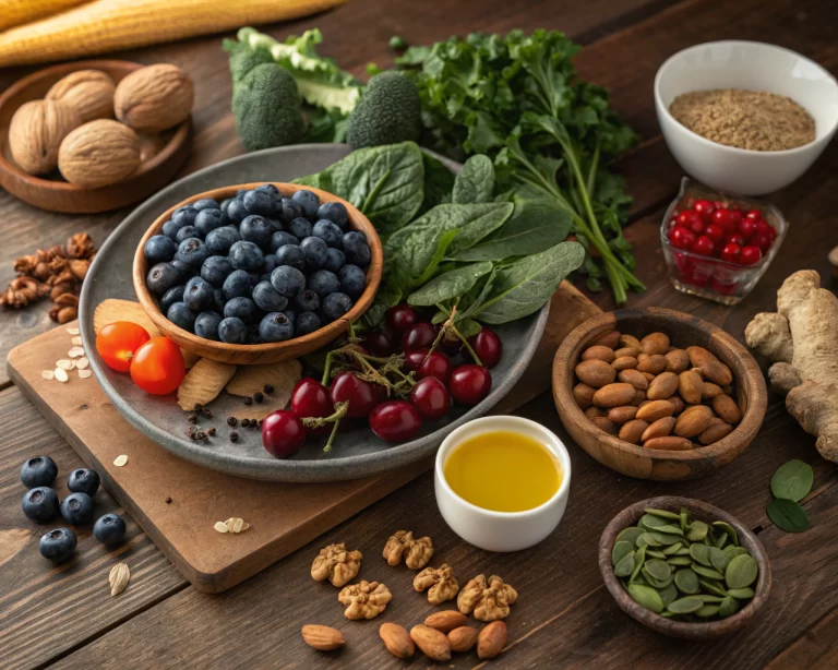 Mesa de madera rústica con variedad de alimentos antiinflamatorios, incluyendo arándanos, cerezas, espinacas, col rizada, almendras, nueces, cúrcuma y jengibre, además de un tazón de aceite de oliva dorado, iluminada con luz natural.