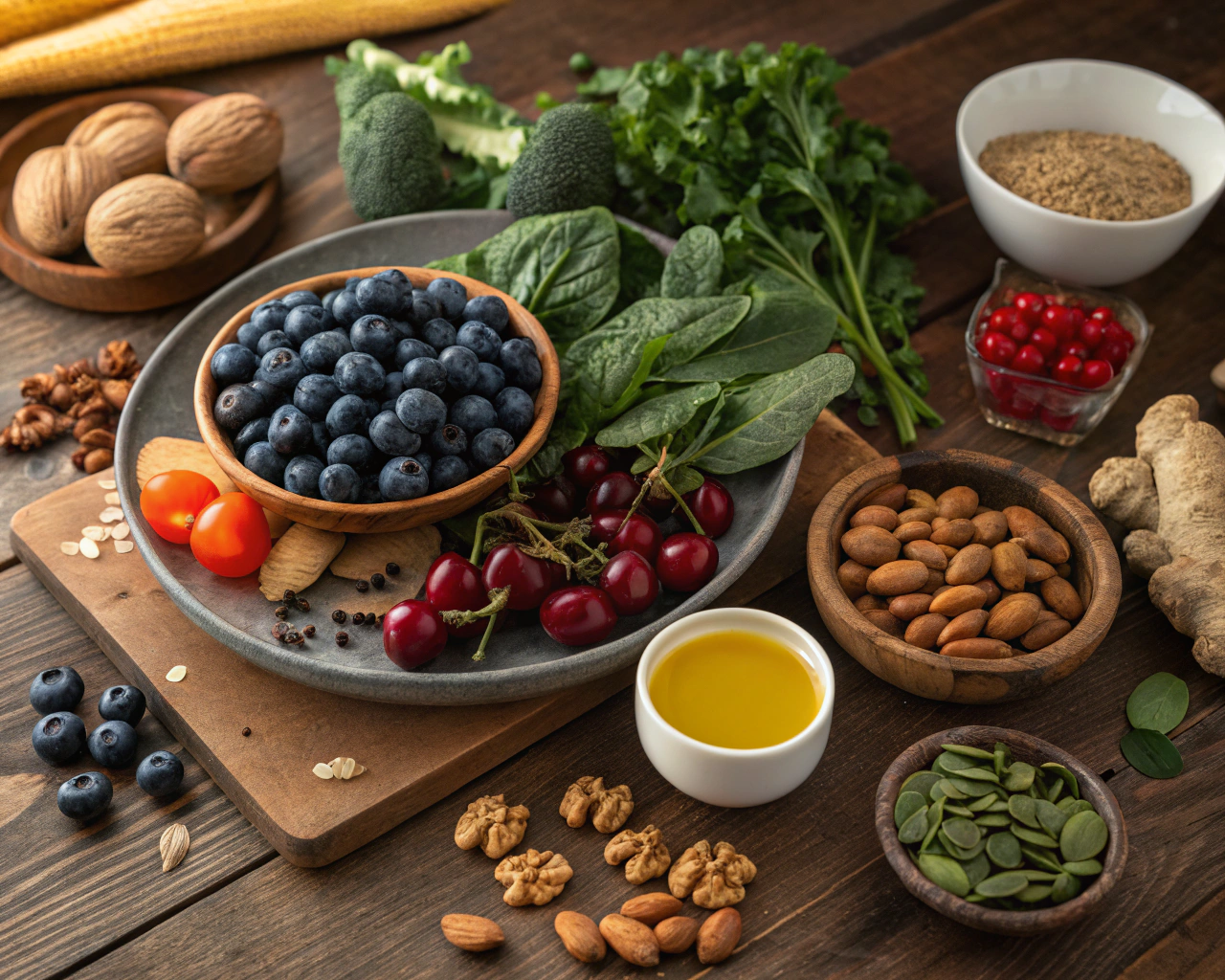 Mesa de madera rústica con variedad de alimentos antiinflamatorios, incluyendo arándanos, cerezas, espinacas, col rizada, almendras, nueces, cúrcuma y jengibre, además de un tazón de aceite de oliva dorado, iluminada con luz natural.