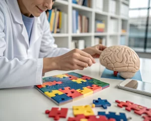 Investigador en bata de laboratorio ensamblando un rompecabezas en un laboratorio moderno, con un enfoque en las manos y las piezas del rompecabezas, rodeado de libros y modelos de cerebro.