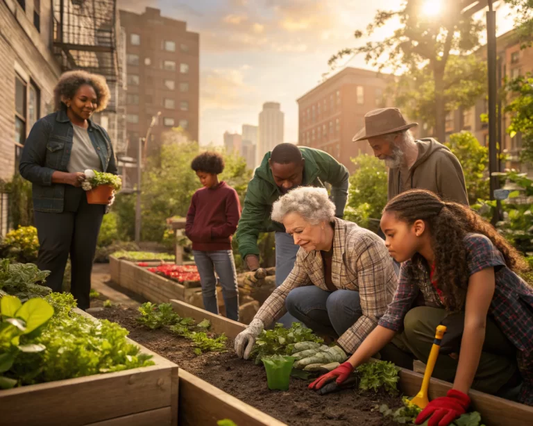 Grupo diverso de personas de diferentes edades trabajando juntas en un jardín comunitario urbano, en un entorno natural iluminado que resalta la conexión intergeneracional y la alegría del trabajo en equipo.