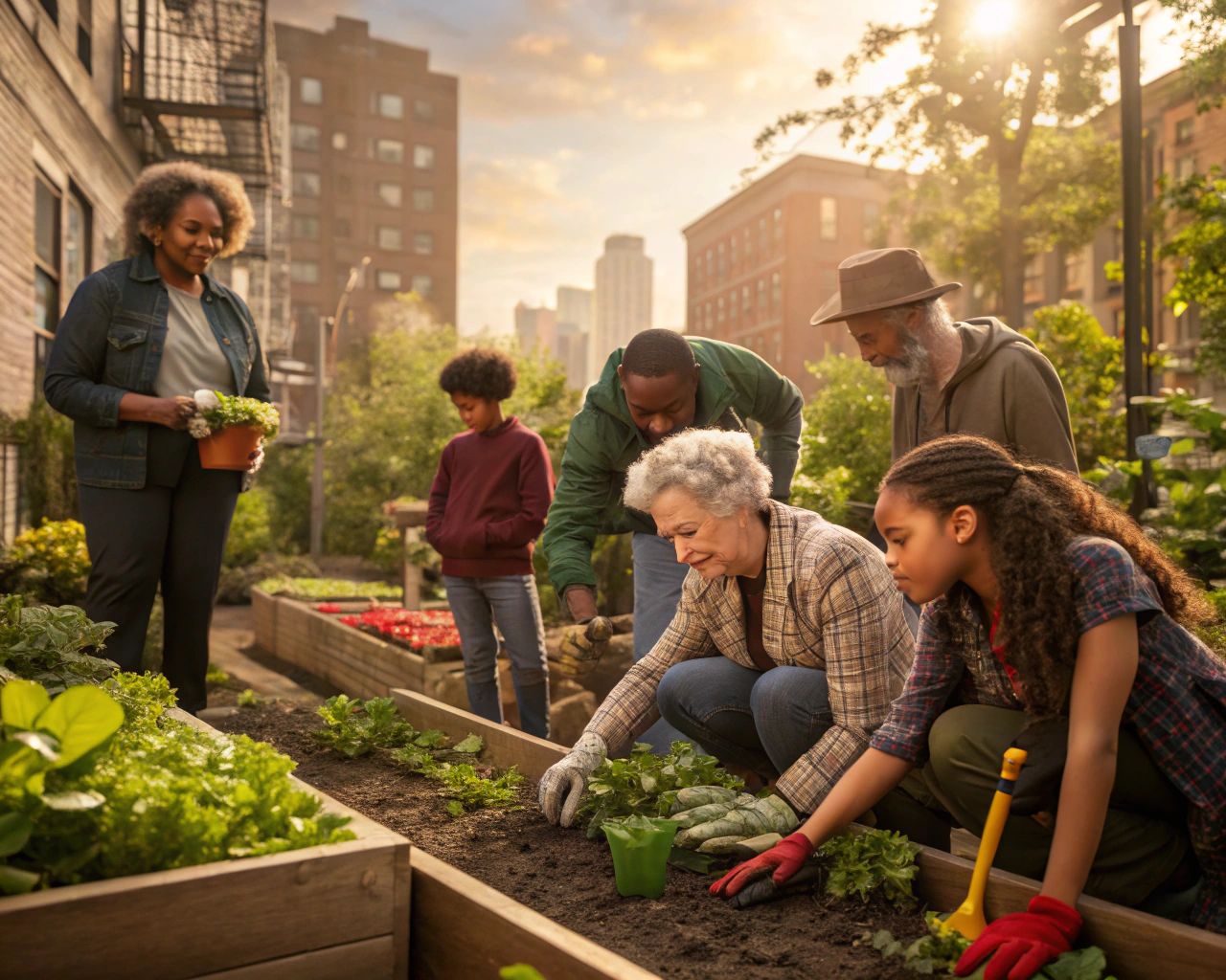 Grupo diverso de personas de diferentes edades trabajando juntas en un jardín comunitario urbano, en un entorno natural iluminado que resalta la conexión intergeneracional y la alegría del trabajo en equipo.
