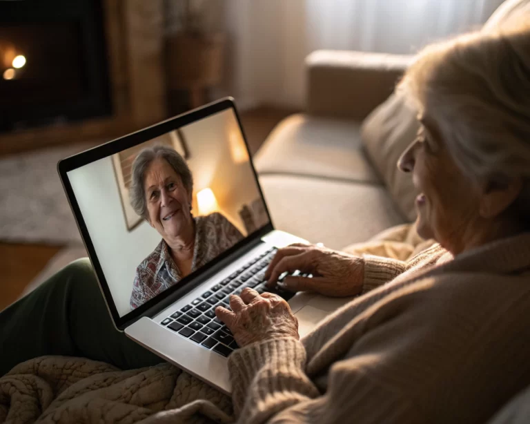 Anciano usando un laptop en casa para videollamada, con luz suave realzando su rostro y manos en un entorno acogedor.