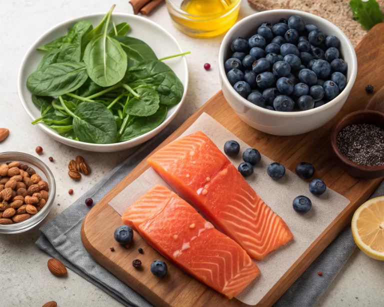 Una variedad de alimentos antiinflamatorios frescos, incluyendo arándanos, espinacas y salmón, exhibidos en una encimera de cocina rústica con colores vivos y una composición descentrada.