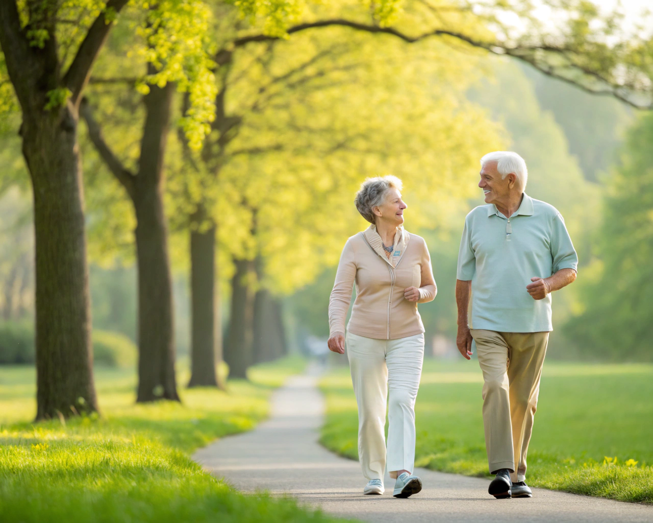 Pareja de ancianos paseando en un parque luminoso y verde, mostrando expresiones de felicidad y bienestar, en un entorno natural y acogedor.