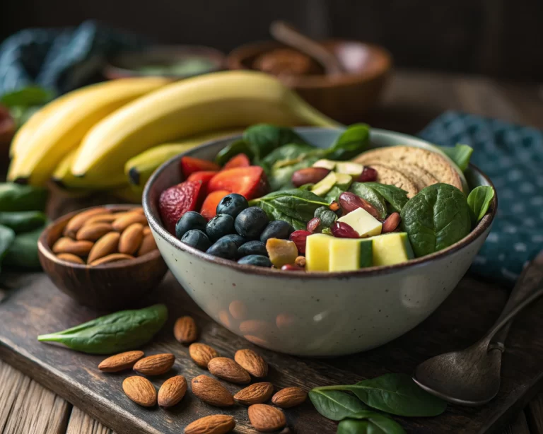 Cuenco con frutas y verduras coloridas sobre una mesa de madera rústica, iluminado de forma vívida.