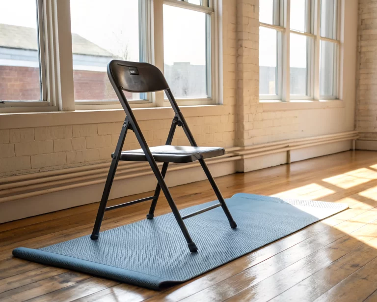 Silla robusta y simple para yoga sobre una esterilla antideslizante en un ambiente tranquilo y luminoso, con un enfoque en la estabilidad y comodidad.