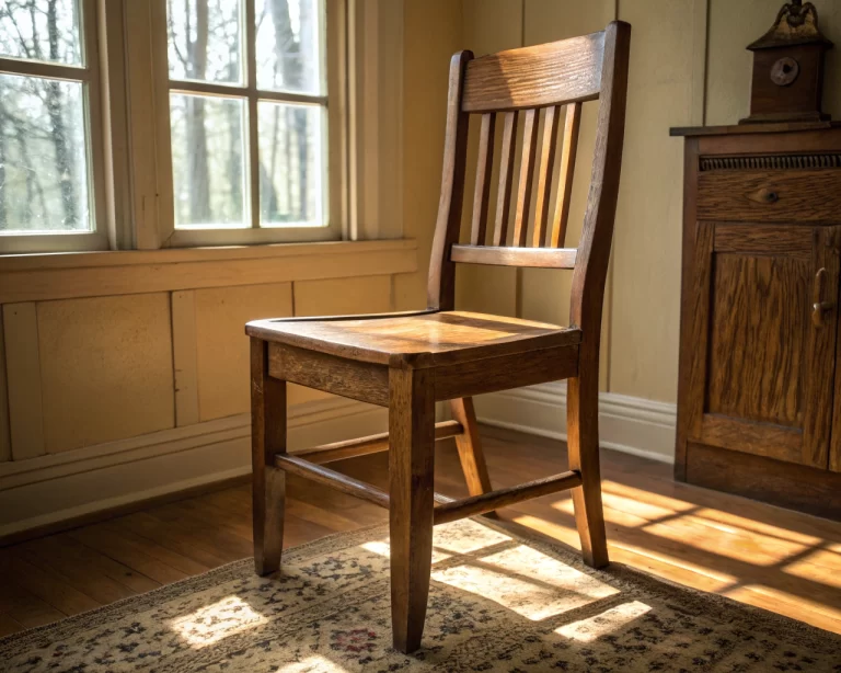 Silla de madera robusta en un ambiente cálido y acogedor, iluminada con luz natural que resalta su textura y simboliza estabilidad.