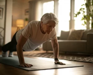 Persona mayor practicando yoga suave en una esterilla en un salón iluminado con luz natural, transmitiendo paz y vitalidad.