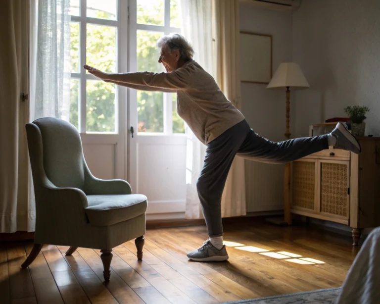 Persona mayor realizando un ejercicio de equilibrio en una sala de estar acogedora, con luz natural que entra por una ventana, manteniendo una postura firme sobre una pierna, brazos extendidos para estabilidad.