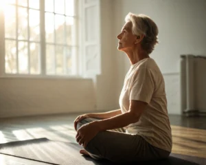 Anciano practicando yoga en una habitación iluminada por el sol, mostrando una expresión de calma y concentración en una postura sentada. La composición destaca texturas y suavidad, con un fondo sereno.