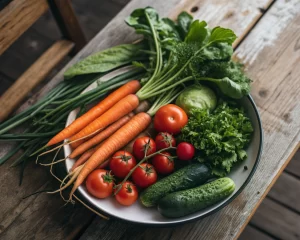 Plato de vegetales orgánicos coloridos en una mesa de madera rústica, incluyendo zanahorias, tomates, hojas verdes y pepinos, con una iluminación suave que resalta su frescura.