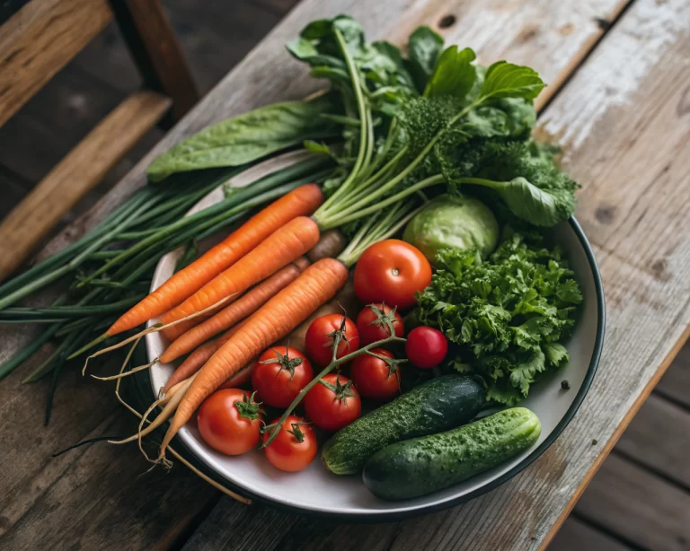 Plato de vegetales orgánicos coloridos en una mesa de madera rústica, incluyendo zanahorias, tomates, hojas verdes y pepinos, con una iluminación suave que resalta su frescura.