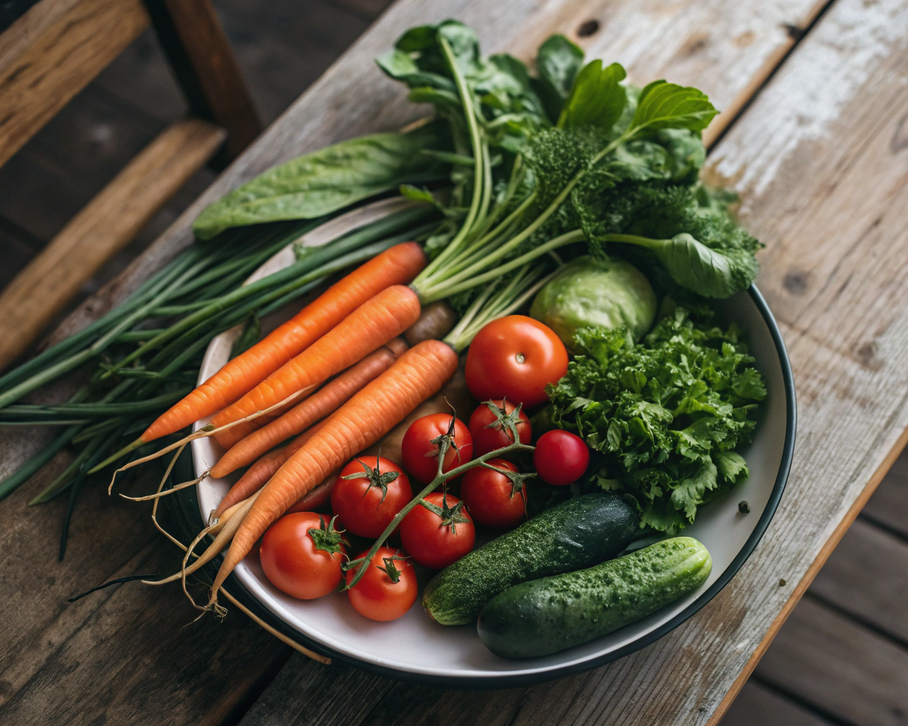 Plato de vegetales orgánicos coloridos en una mesa de madera rústica, incluyendo zanahorias, tomates, hojas verdes y pepinos, con una iluminación suave que resalta su frescura.