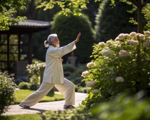 Anciano practicando tai chi en un jardín tranquilo, con vegetación verde y flores suaves en un ambiente sereno, destacando la calma y el equilibrio con luz natural.