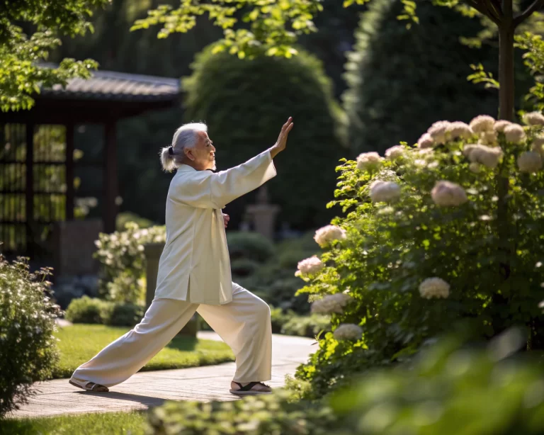 Anciano practicando tai chi en un jardín tranquilo, con vegetación verde y flores suaves en un ambiente sereno, destacando la calma y el equilibrio con luz natural.
