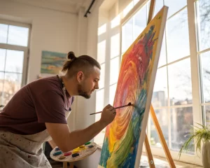 Pintura vibrante en un lienzo en un estudio de arte iluminado por luz natural, con colores audaces y pinceladas texturizadas. Composición descentrada que destaca la belleza y la creatividad del proceso de pintar.