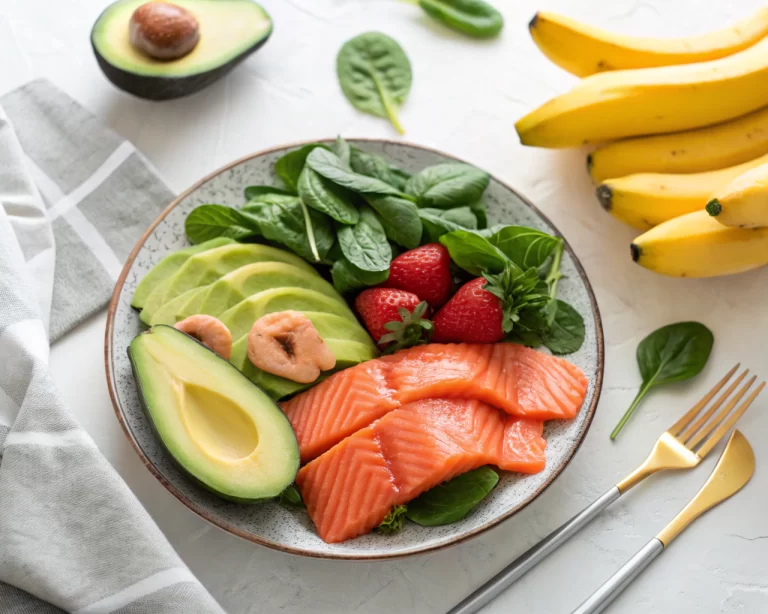 Plato de frutas y verduras frescas, incluyendo aguacates, plátanos y espinacas, sobre una mesa iluminada con luz suave, destacando la frescura y colorido de los alimentos, simbolizando un estilo de vida saludable.