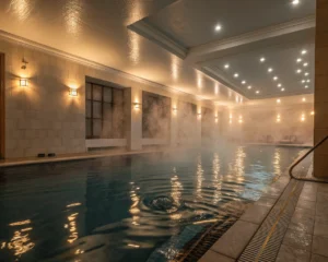 Piscina terapéutica interior iluminada suavemente, con superficie de agua tranquila y vapor cálido, que evoca un ambiente de relajación y sanación.
