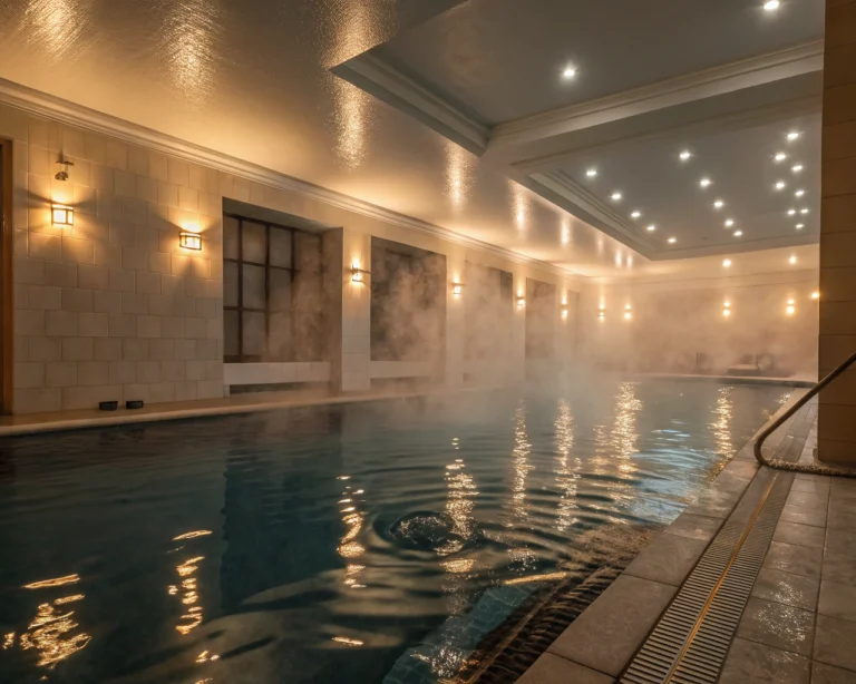 Piscina terapéutica interior iluminada suavemente, con superficie de agua tranquila y vapor cálido, que evoca un ambiente de relajación y sanación.
