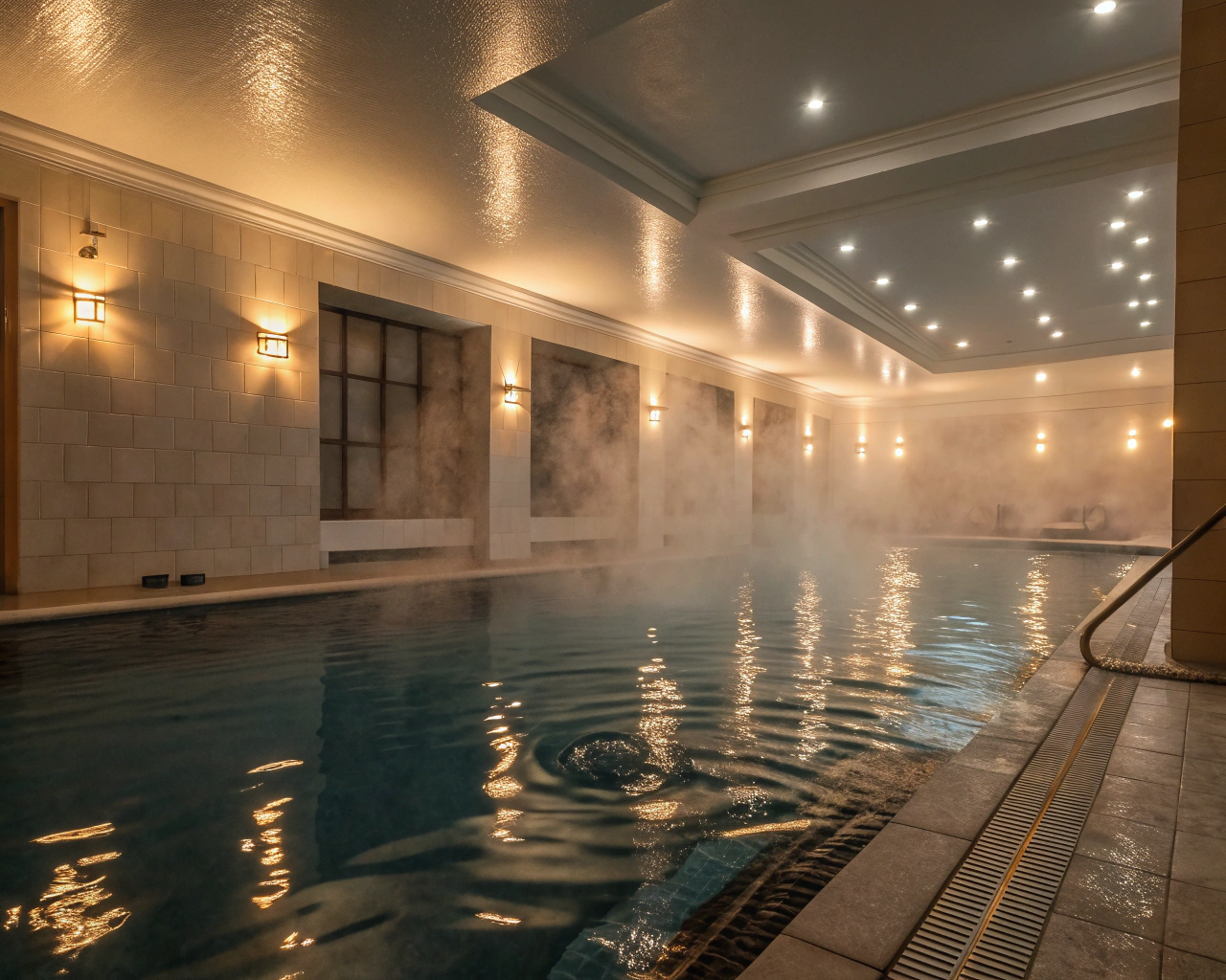 Piscina terapéutica interior iluminada suavemente, con superficie de agua tranquila y vapor cálido, que evoca un ambiente de relajación y sanación.
