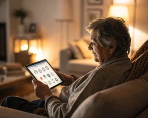 Persona mayor interactuando con una tableta en un ambiente cómodo, con íconos grandes que simbolizan el empoderamiento digital.