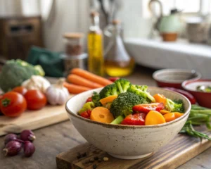 Tazón de verduras cocidas en un entorno de cocina rústica, con luz natural que resalta su frescura y colores vibrantes.