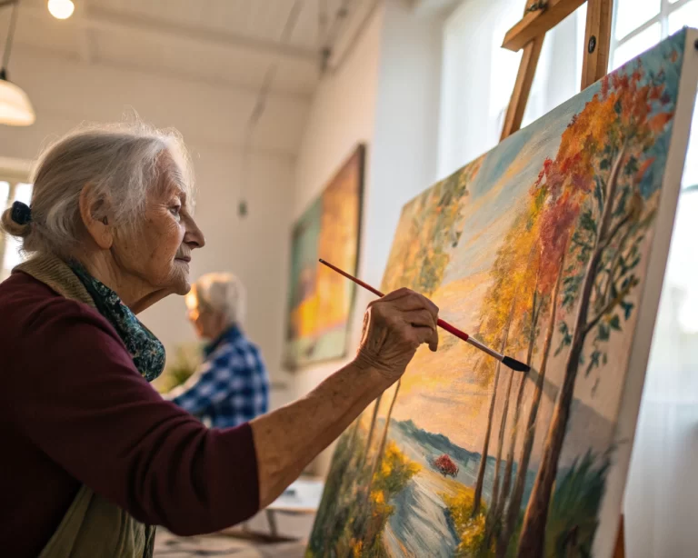 Manos ancianas pintando un vibrante lienzo en un estudio de arte iluminado, enfocándose en las pinceladas y los colores vivos.