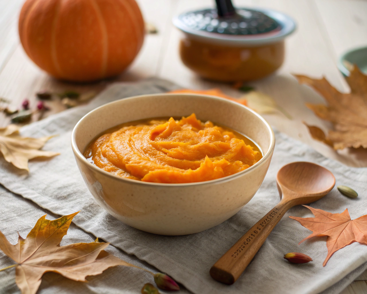 Tazón de puré de calabaza en una mesa de cocina otoñal, rodeado de hojas caídas y una cuchara de madera, con una iluminación suave que resalta su textura.