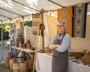 Un puesto de mercado de artesanías con un emprendedor senior presentando productos artesanales como textiles y cerámicas, bajo luz natural. La composición destaca la belleza de los productos con un fondo amplio y sin distracciones.