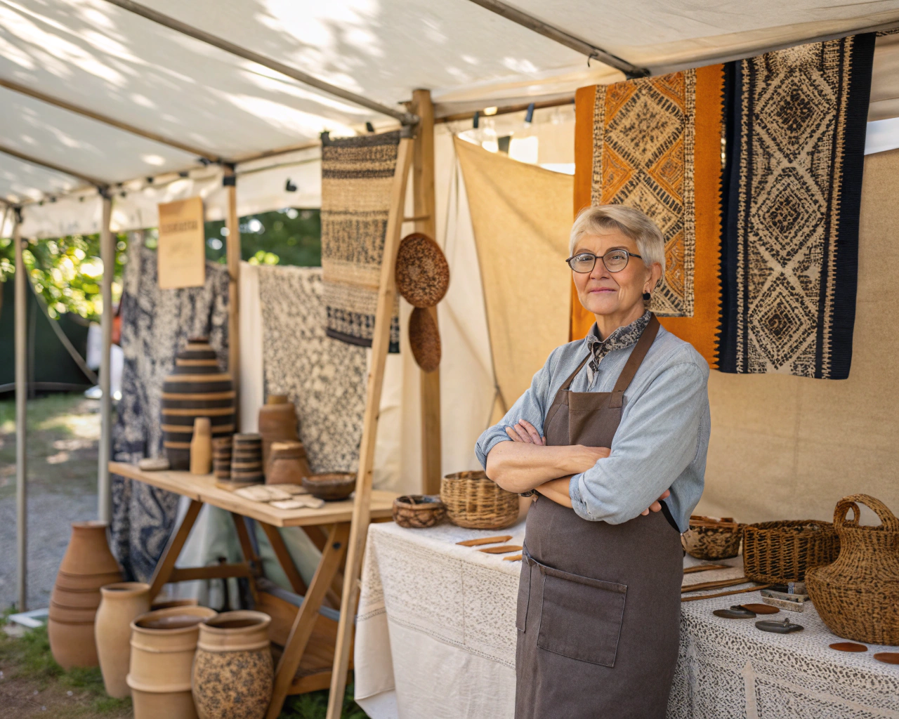 Un puesto de mercado de artesanías con un emprendedor senior presentando productos artesanales como textiles y cerámicas, bajo luz natural. La composición destaca la belleza de los productos con un fondo amplio y sin distracciones.