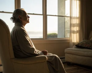 Persona mayor practicando meditación en una habitación iluminada por la luz del sol, con una expresión de paz y relajación.