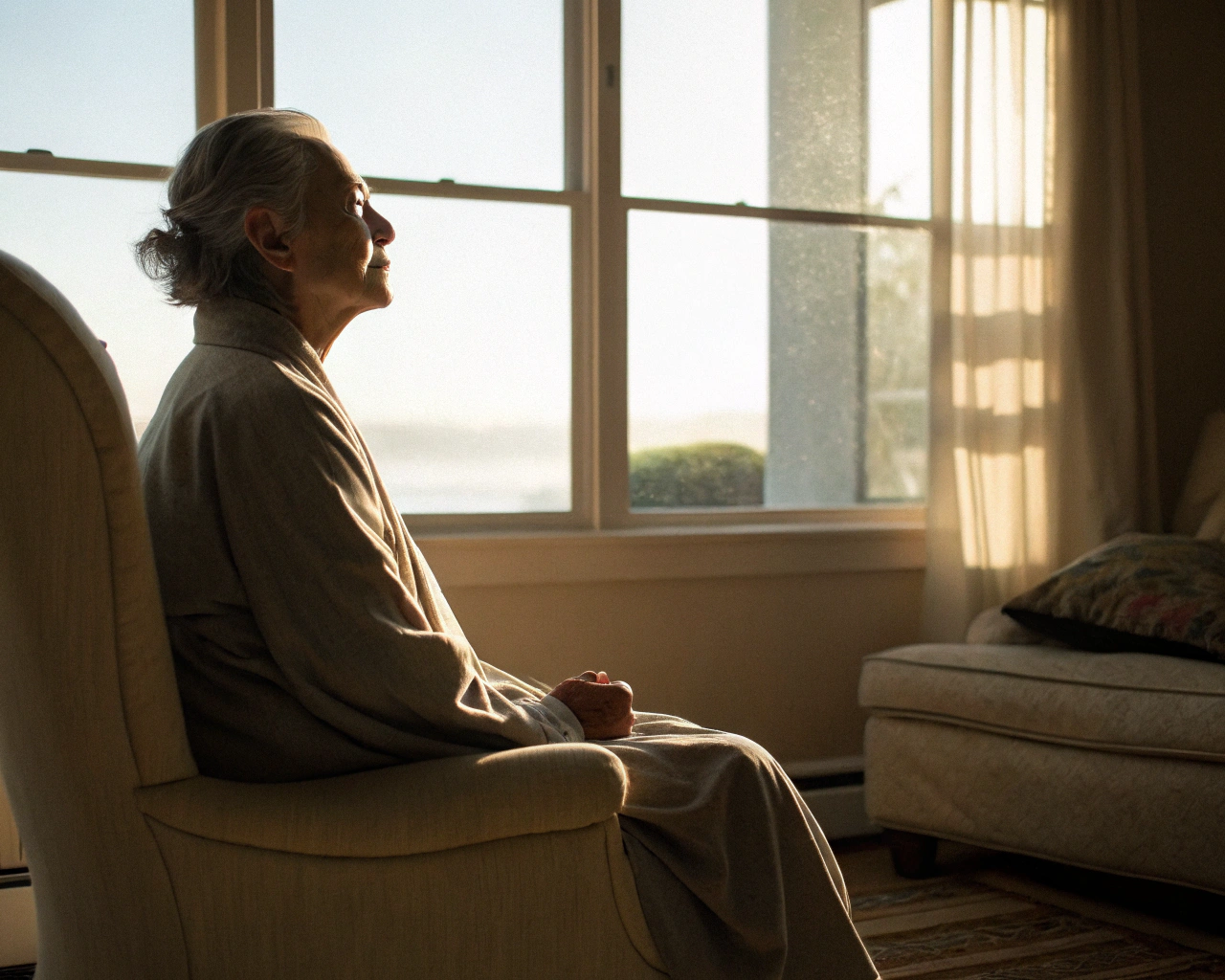 Persona mayor practicando meditación en una habitación iluminada por la luz del sol, con una expresión de paz y relajación.