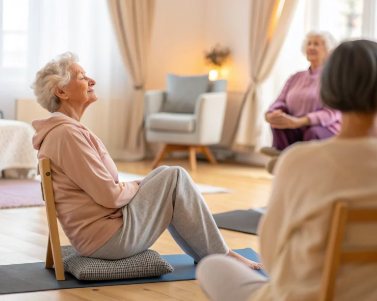 Elderly person practicing gentle yoga twist on a chair in a serene indoor setting, surrounded by soft cushions and light drapery.