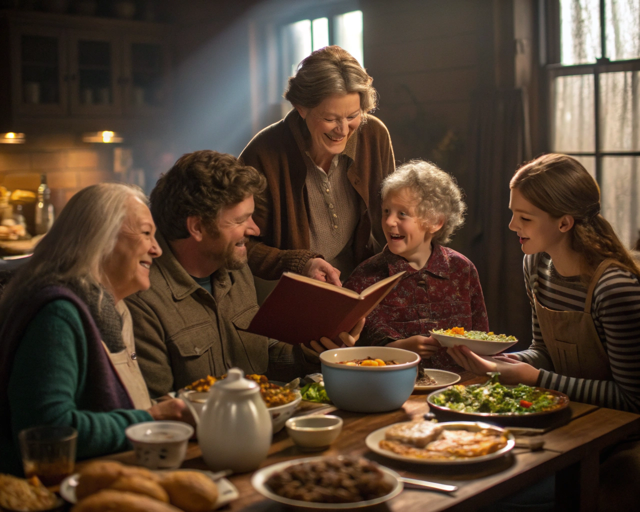 Familia multigeneracional reunida en una cocina rústica, compartiendo recetas tradicionales alrededor de una mesa, con platos diversos y un libro de cocina, iluminados por luz natural.