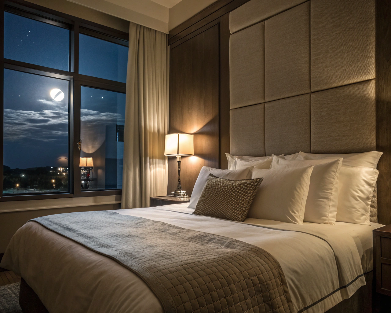 Dormitorio tranquilo con una cama cómoda, iluminada suavemente por la luz de la luna y decorada con almohadas y un edredón acogedor.