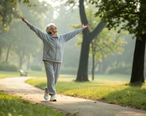 Anciano realizando una caminata ligera en un parque, con luz natural, en un entorno sereno que refleja alegría y vitalidad.