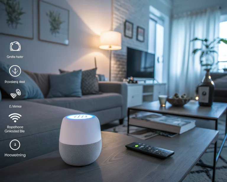 Sala de estar moderna con dispositivos de hogar inteligente, incluyendo un altavoz activado por voz y sistemas de iluminación, en un entorno seguro y acogedor para personas mayores.