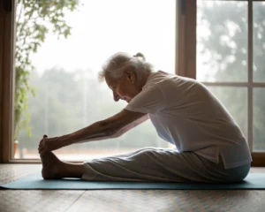 Persona mayor practicando yoga en un ambiente sereno, realizando una flexión hacia adelante sentada, con luz natural suave filtrándose a través de una ventana. La imagen muestra un enfoque en la tranquilidad y la relajación, con un entorno despejado y simple.