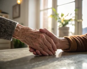 Primer plano de manos de ancianos entrelazadas, iluminadas suavemente por luz natural en un entorno hogareño, simbolizando la agilidad y la salud de la vejez.