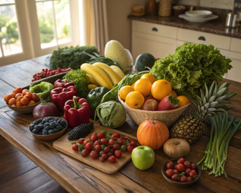 Mesa de cocina de madera con una disposición simétrica de frutas y verduras frescas y coloridas, iluminadas por luz natural.