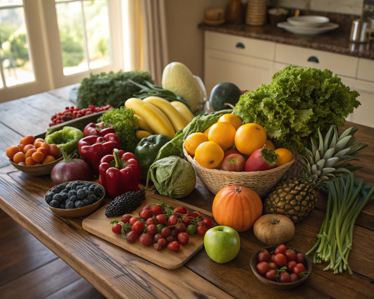 Mesa de cocina de madera con una disposición simétrica de frutas y verduras frescas y coloridas, iluminadas por luz natural.