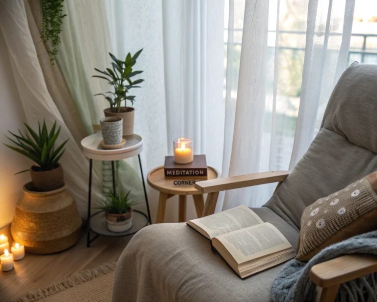Rincón de meditación para personas mayores con silla cómoda, cojines suaves, mesa con vela encendida y libro abierto, iluminado por luz natural a través de cortinas.